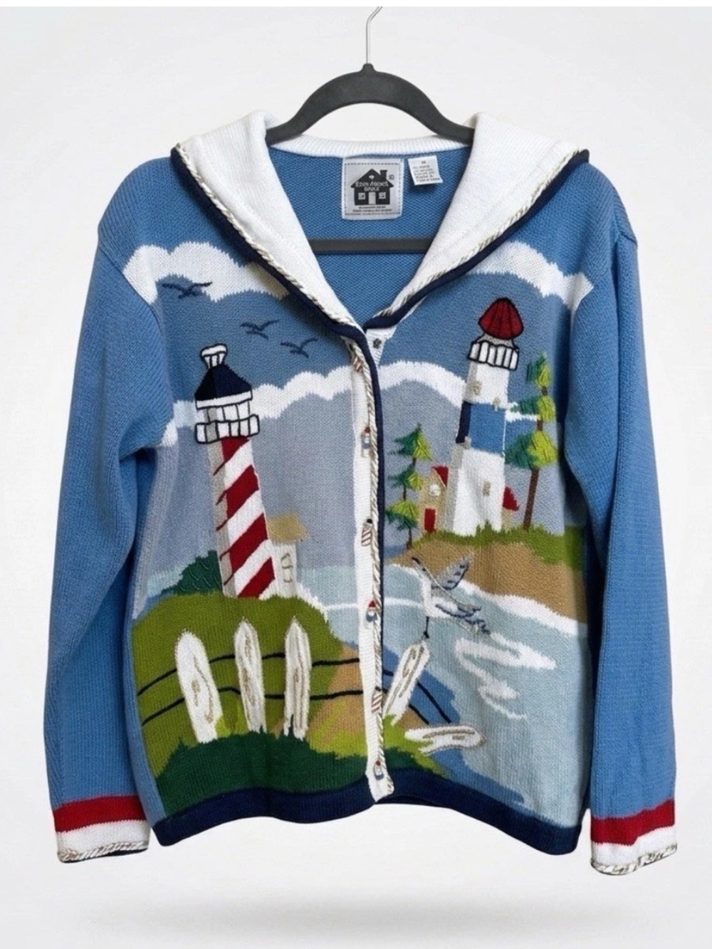 Vtg Storybook Knits Lighthouse Cardigan Sailor Collar Sweater M Coastal Granny
